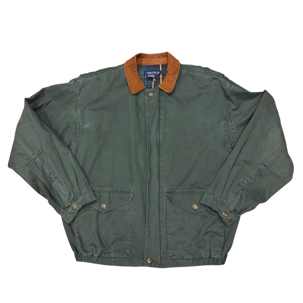 Vintage Nautica Field Coat Mens XL Green Cotton Canvas Leather Collar Plaid